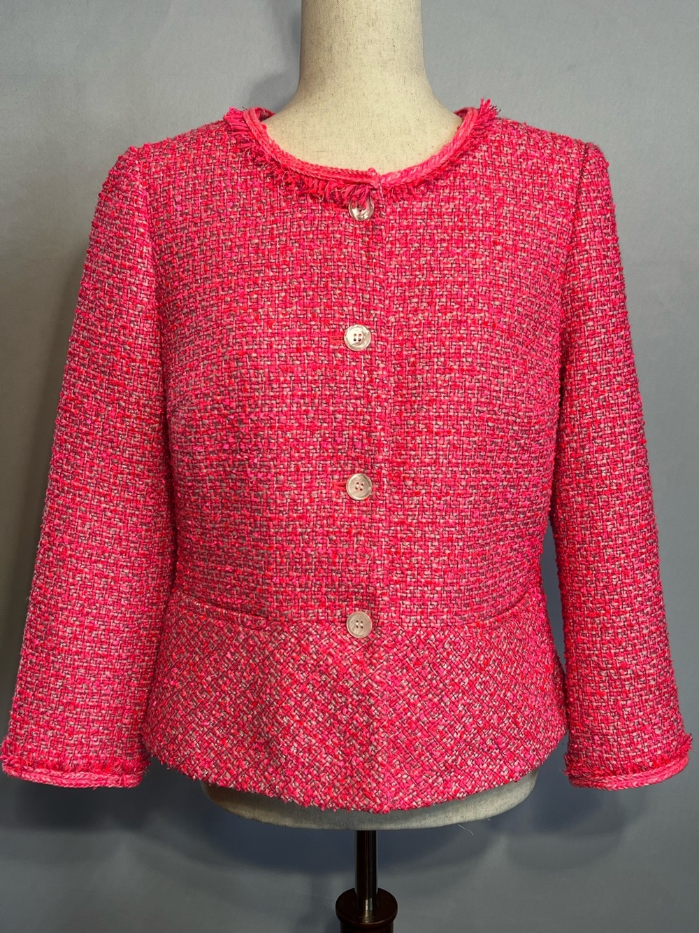 Talbots Pink Tweed Peplum Jacket Fringe Trim Classic Collarless Blazer